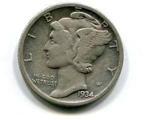 1934 D Mercury dime Very Fine  