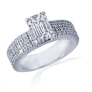   Emerald Cut 3 Row Diamond Engagement Ring Pave Set 14K GOLD VS2 F GIA