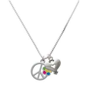Large Multicolored Daisy on Peace Sign and Silver Heart Charm Necklace