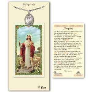 Pewter Footprints Medal Jesus Christ Protection Pendant w/ Prayer Card