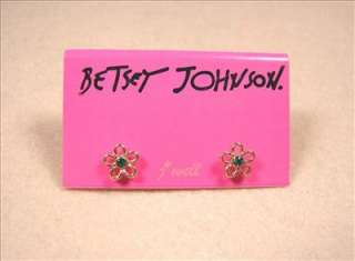 Betsey Johnson Flower w/Green Crystal Stud Earrings  
