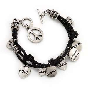  Silver Tone Metal Charm Black Leather Bracelet With Toggle 