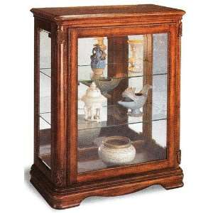 Light cherry finish wood curio cabinet with glass shelves and mirrored 