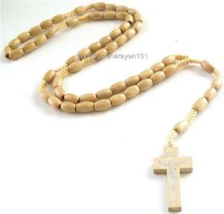 Tan Long Wood Rosary Necklace Beads Mens Wooden Cross  
