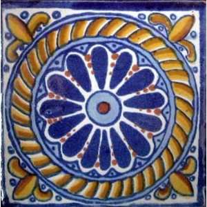   Blue Daisy with Gold Rope Ceramic Mexican Tile 4x4