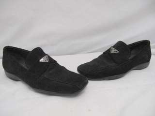 Prada Black Suede Square Toe Rubber Sole Flat Loafers 38.5  