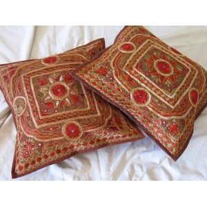  2 MIRROR EMBROIDERY INDIAN THROW PILLOWS CUSHION COVERS 