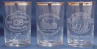 Etched beer glasses with gold rims, 3 different  