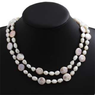 36 Freshwater Coin Pearls Necklace White / Golden Pink  