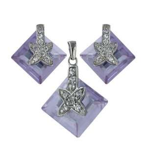  Sterling Silver Square Lavendar Glass with X shape on top 