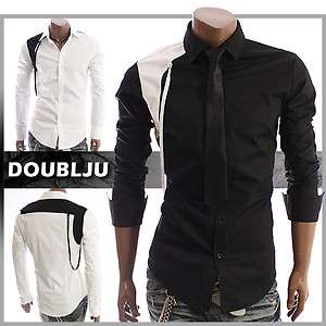 Doublju Casual Unique Shirts With Tie BLACK/WHITE (SH12)  