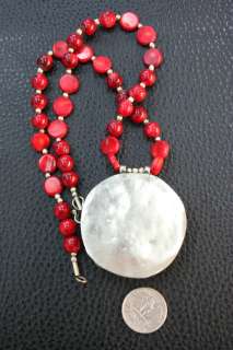 AFGHAN TRADITIONAL RED CORAL AND ALPACA PENDANT NECKLACE  