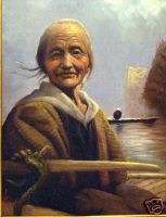 Signed Oriental Oil Painting Old Woman on Boat Lake  