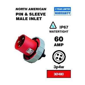   460B7W Pin & Sleeve Inlet 60 Amp 480 Volt 3 Phase 3P 4W NA Rated   Red