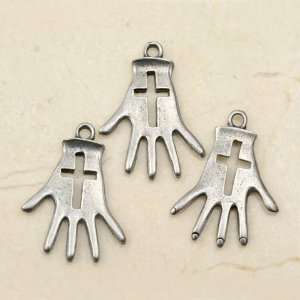  HAND WITH CROSS CUT OUT Silver Plated Pewter Charms (3 