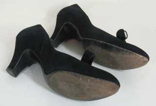 Vintage Vtg 40s 50s Jet Black Suede Bow PinUp Pumps Heels Shoes 7.5 