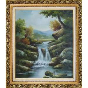 Small Water Fall Swirling Over Rocks Oil Painting, with Ornate Antique 