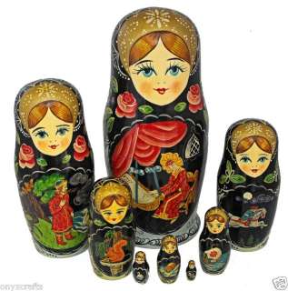 Beautiful set of eight nesting dolls is carved of wood, hand painted 
