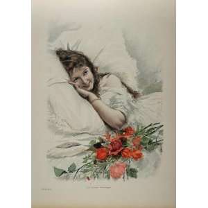   Antique Engraving Woman Red Roses Lingston RARE   Original Print: Home