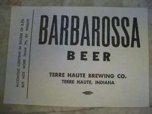 Vint. Barbarossa Beer Label Terre Haute, Indiana  