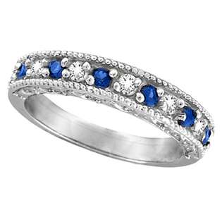 Allurez Blue Sapphire and Diamond Ring Anniveary Band 14k White Gold 