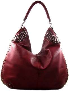   Western Stud Accent Braided Single Strap Hobo Purse Shoulder Bag Red