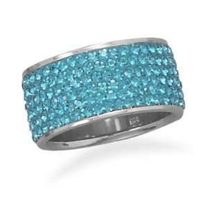  Wide Band Ring Pave Teal Blue Crystal 10.5mm Sterling 
