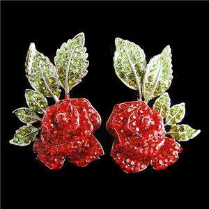 Huge Rose Necklace Earring Set Red Austrian Rhinestone Crystal Flower 