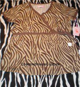 Koi Brown Cocoa Zebra Print Nursing Scrub Set Top & Pants Marissa Size 