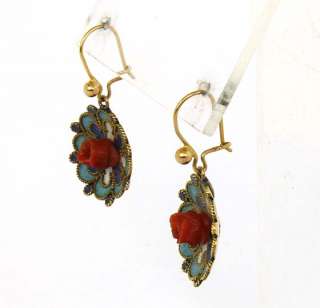 BEAUTIFUL ANTIQUE 14K & HAND CARVED RED CORAL FLOWER EARRINGS