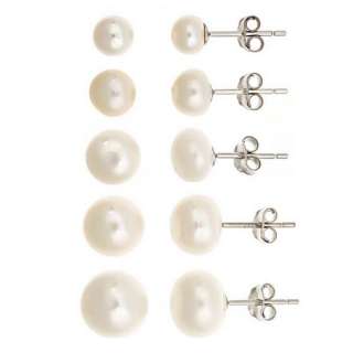925 Sterling Silver Set of 5 Sizes Genuine White Freshwater Pearl 
