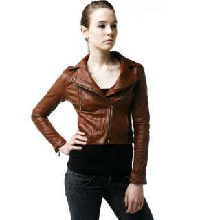 Ladies Womens Chic Vintage Lambskin Brown Leather Biker Rider Jacket 4 