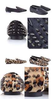 Spike Studded Rivets Leopard Real Horse Hair Loafers Flat Shoes  