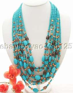 Stunning 8Strds Pearl&Turquoise&Smoky Quartz Necklace  