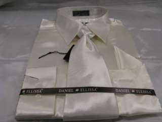 New D & E Satin Dress Shirt w/Tie and Hanky Cream  