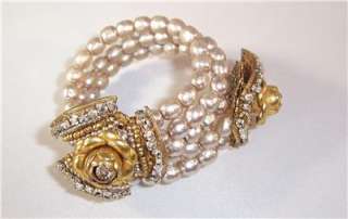 Signed Miriam Haskell Faux Pearl and Rhinestone Bracelet  Beautiful 