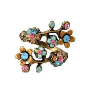  Wrap Ring with Hand Painted Flowers, Leaves, Pink , Blue and Green 