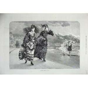    1872 View Beach Women Bathing Wind Blowing Fine Art