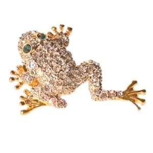 White Swarovski Crystals Leaping Frog Pin Toad Brooch 24K Gold Jewelry 
