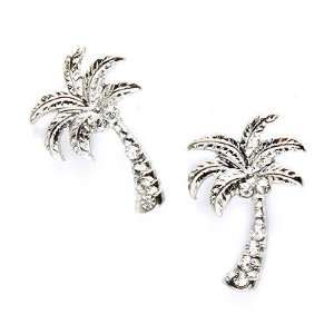 Fancy Small Silver Tone Clear Crystal Tropical Palm Tree Post Pierced 