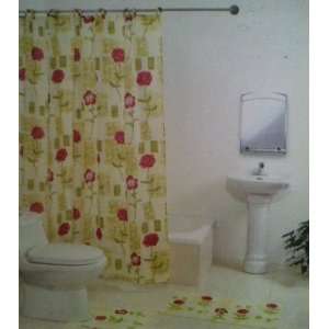   Set Rose Print Bathroom Rug Shower Curtain Mat / Rings: Home & Kitchen