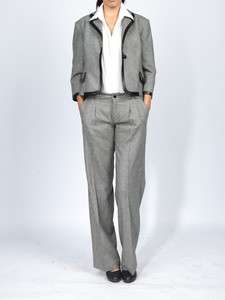 Grey Wool Faux Leather Combi Office Lady OL Women Suits Jacket Blazer 