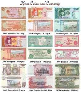 World Currency Set Vietnam,Mongolia,Burundi,Cambodia  