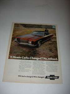 1971 MONTE CARLO CHEVROLET MODEL 71 CAR PRINT AD  