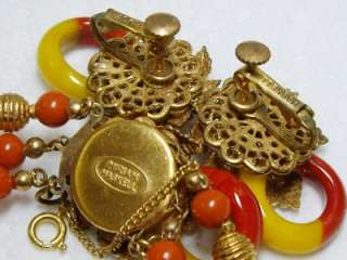 Vintage Miriam Haskell Bracelet & Adjustable Clip Earrings~Orange 