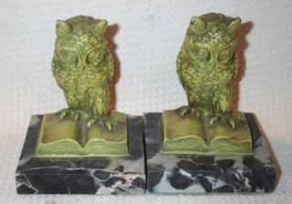   Deco J B Hirsch Bookends Chartreuse Owl Reading Book on Marble Base