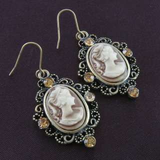 Antique Style Bronze Plated Brass Tone Cameo Topaz Brown Stone Dangle 