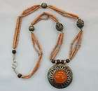   ETHNIC TRIBAL CORAL COMPRESSED AMBER WOODEN BEADS ALPAKA NECKLACE # 14