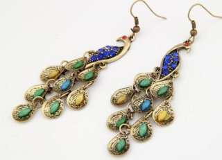  shipping NEW Vintage Prancing Peacock Earrings Cascading Teardrop Tail