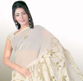 White Bollywood Heavy Sequin Embroidery Sari Saree boho  